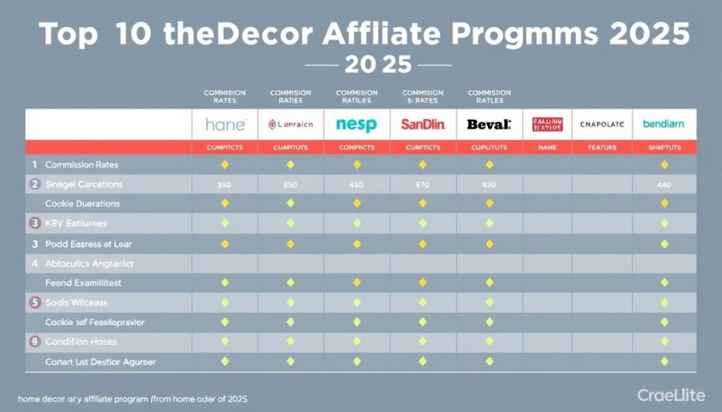 Comparison chart of top home décor and furniture affiliate programs for 2025 Comparison chart of top home décor and furniture affiliate programs for 2025