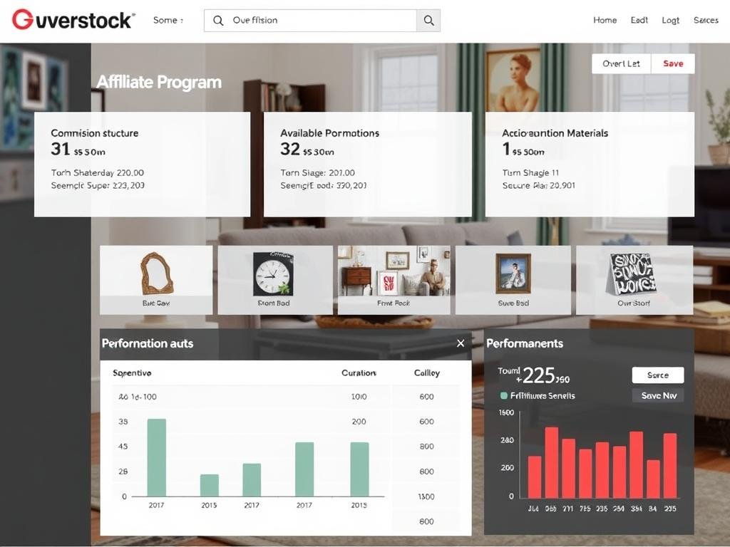 Overstock furniture and home décor affiliate program dashboard showing commission structure Overstock furniture and home décor affiliate program dashboard showing commission structure