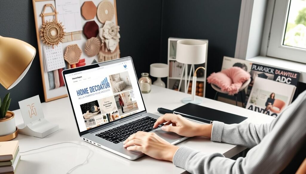 Person working on home décor affiliate marketing content on laptop with analytics dashboard Person working on home décor affiliate marketing content on laptop with analytics dashboard