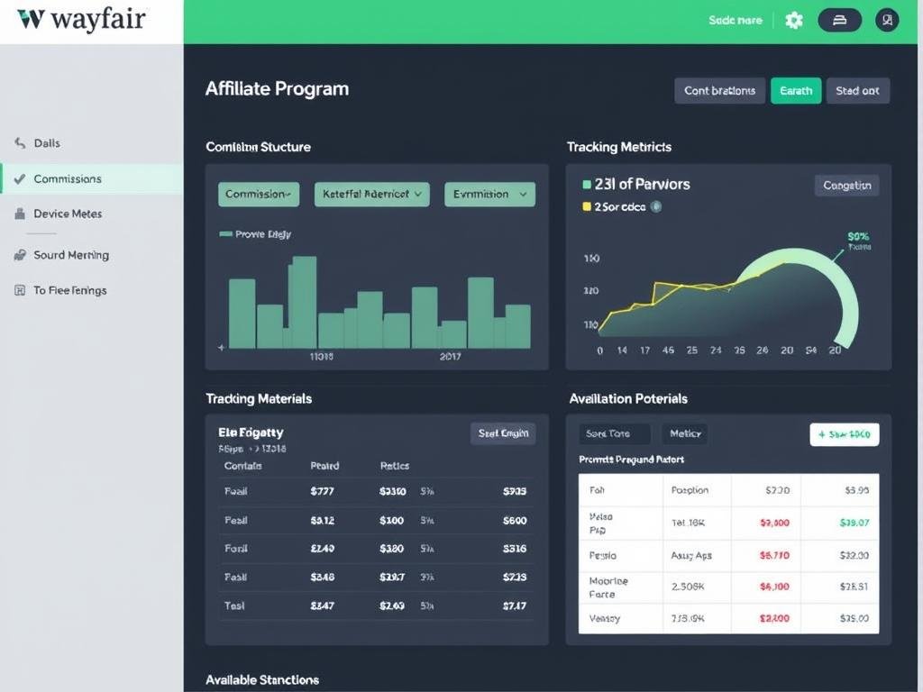Wayfair affiliate program dashboard showing commission rates and tracking features Wayfair affiliate program dashboard showing commission rates and tracking features